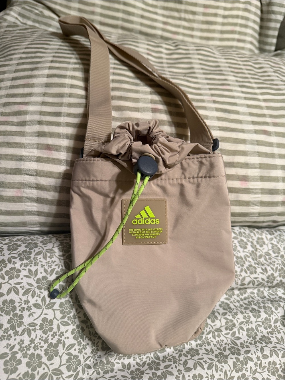 adidas Beige Crossbody Bag with Neon Yellow Drawstring